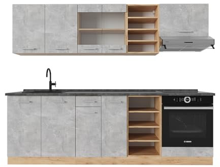 Vicco Küchenzeile R-Line, Küchenblock, Beton/Goldkraft Eiche, 240 cm, AP Anthrazit