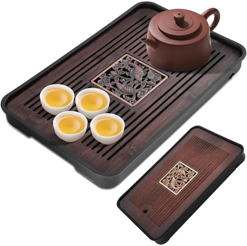 Teeschale 14.2x9.5 abnehmbarer Bambus Chinese Gongfu Teeschale mit Wasserspeicherentwässerung für Kung Fu Teekanne, Geschenk für Freunde Verwandte
