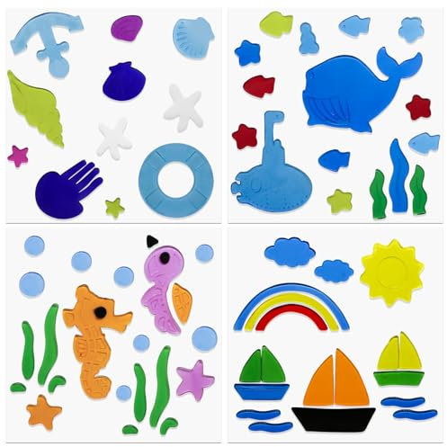 4 Pcs Summer Gel Window Clings Colorful Seasonal Toddlers Window Jelly Stickers, Shell Rainbow Pattern Decorations Accessories for Summer School Home Office Bathroom Nursery Supplies