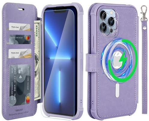 VANAVAGY Wallet Case Compatible for iPhone 13 Pro Max for Magsafe Wireless Charging,Leather Flip Wrist [Glass Screen Protectors]with RFID Blocking Card Holder,Clove Purple