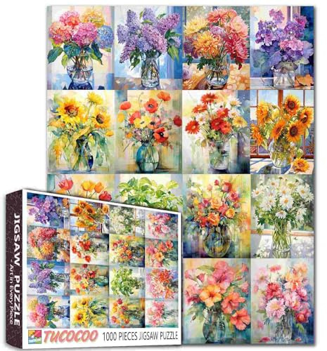 Tucocoo Colorful Flowers in Glass Vase Jigsaw Puzzles for Adults 1000 Pieces, Beautiful Floral Collage Artwrok DIY Puzzles for Home Decoration Collection Gift, Challenging Puzzle Family Toys Game