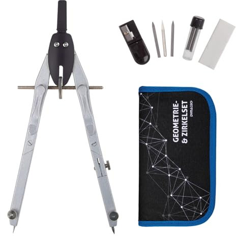DynaTech Zirkel Geometrie-Set Blau 13-teilig inkl. Schnellverstellzirkel mit Federmäppchen, 2 Ersatzminen, Etui und Zubehör für Schule Uni und Büro