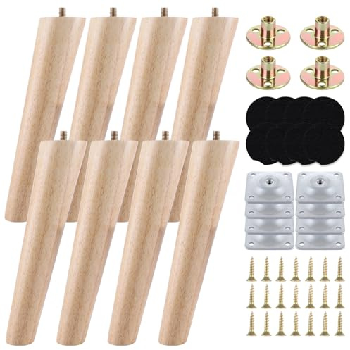 VIDETOL Möbelbeine aus Holz, 20 cm, Natur, Massivholz, Sofa-Ersatzfüße mit Montageplatte und Schrauben für Schrank, Bett, Stuhl, Sofas, Kommodentisch und TV-Ständer, 8 Stück