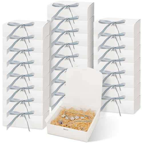30 Pack Small White Gift Boxes Bulk, 16x16x5 cm Cardboard Present Boxes | Square Kraft Favour Boxes with Lids & Ribbons for Jewellery Wedding Hen Party Birthdays & Business Packaging