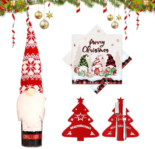 ZHERIKAH 6 Roter und 6 Grüner Besteckhalter Weihnachtsfilz Weihnachtsbaum, 20 Stück Weihnachten Servietten, 1 Stück Weihnachten Weinflasche Abdeckungen, Geeignet für Partys und Abendessen