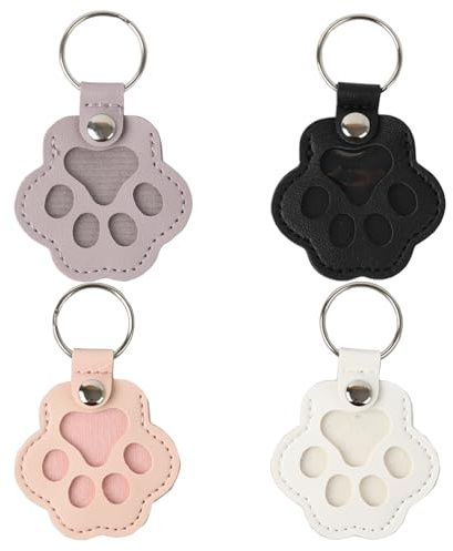KUEEA Lot de 4 porte-clés souvenirs de poils d'animaux - Noir/blanc/rose/violet - Pendentif en cuir synthétique avec motif de patte pour chien et chat
