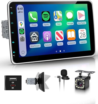 Hodozzy RDS Radio Coche 1 DIN con Pantalla Desmontable de 10.1 Zoll con USB Tipo C, CarPlay Inalámbrico Android Auto Youtobe/Bluetooth 5.2/FM/EQ/SWC+Cámara Trasera