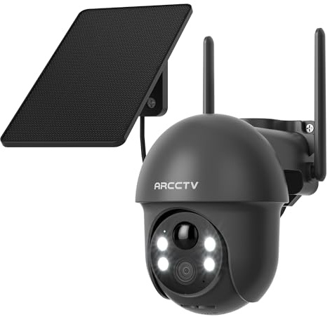 ARCCTV Caméra de Surveillance avec Panneau Solaire, Caméra Extérieure sans Fil 4MP, Wi-FI Double Bande 2,4 GHz/5 GHz, Étanche, Vision Nocturne Couleur, Détection de Mouvement