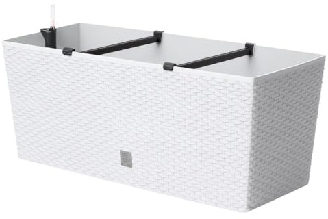 BirnePower Jardinière de Balcon avec Système d'Irrigation, Bac à Plantes Rectangulaire Aspect Rotin, Réservoir d'eau et Indicateur de Niveau, Résistant aux UV, 80 cm, Blanc