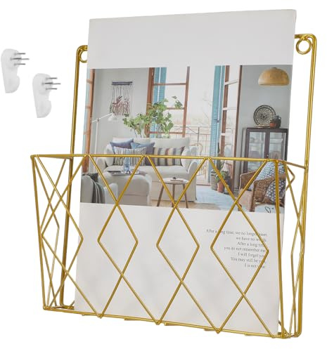 Artibetter Wall Mounted Magazine Holder for Home, Metal Wire Rack in Golden | Magazine Display, Space Saving Wall Decor, Sturdy Metal Wire Frame, Easy Access for Literature and Papers