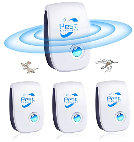 Repelente Ultrasónico de Plagas, 4 Piezas Repelente ultrasónico de Mosquitos y Control electrónico Anti Moscas, Ratones, Cucarachas, Arañas, Roedores,Inodoro y Sin Residuos,Uso Interior