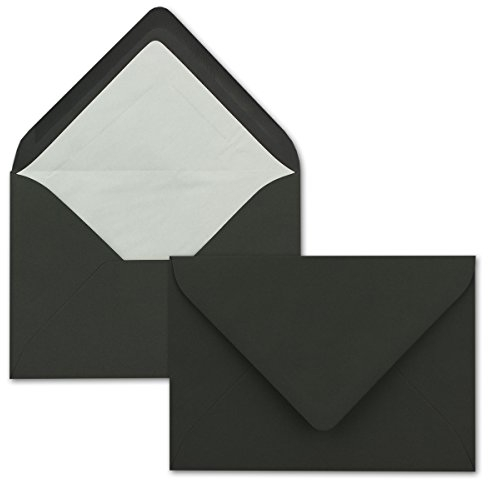 100 Briefumschläge in Schwarz mit weißem Innenfutter - Kuverts in DIN B6 Format - 12,5 x 17,6 cm - Seidenfutter - Nassklebung