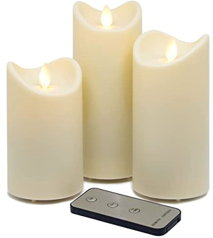 Tronje LED Outdoor Kerzen - 3er Set mit Timer u. Fernbedienung - 13/15/18cm Stumpenkerzen Creme - beweglicher Flamme - IP44 UV Hitzebeständig