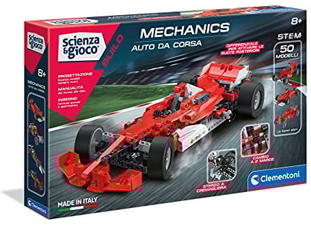 Clementoni Scienza e Gioco Build - Auto da Corsa Rossa, Kit Costruzione Bambini 8+ Anni con Oltre 350 Componenti Intercambiabili e 50 Modelli, App Dedicata, Made in Italy, Lingua Italiana, 19038