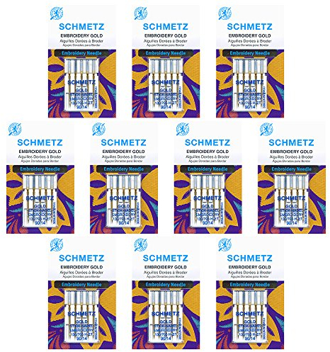 SCHMETZ Gold-Stickmaschinennadeln, Titanbeschichtung für glatte Nähte, Größe 90/14, 5-Nadel-Karten, Box mit 10 Stück