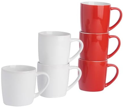 Argon Tableware Coloured Coffee Mugs - Red/White - 350ml - Pack of 6 - Gloss Ceramic Stoneware Latte Cappuccino Cups Hot Chocolate Cups Colourful Mug Set with Handle