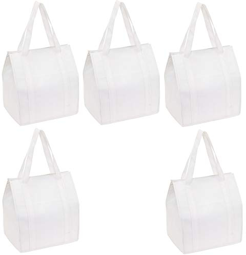 Preiswert&Gut 5 x Kühltasche Groß Einkaufstasche ca. 35,5 x 25 x 38 cm mit Reißverschluss – Stoffbeutel Weiß & starker Isolierung XXL Kühltasche – Isoliertasche für Flaschen