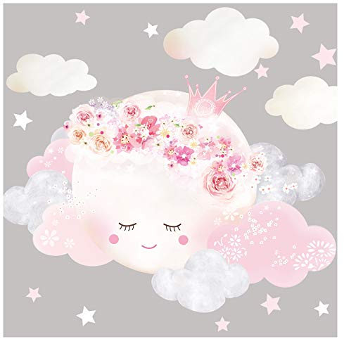 Little Deco Wandtattoo Kinderzimmer Mädchen Mond mit Krone & Wolken I Mond 2-72 x 51 cm (BxH) I Wandsticker Babyzimmer selbstklebend Wandaufkleber Sterne DL449-2