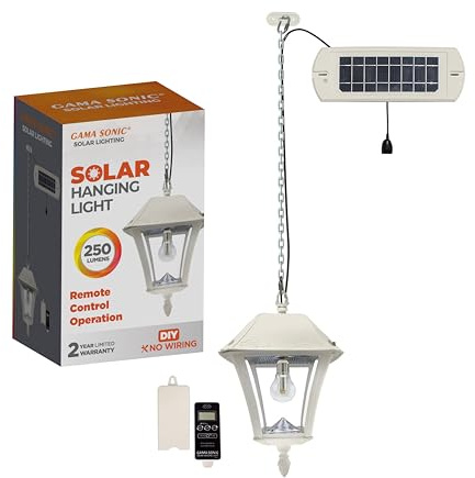 Gama Sonic Outdoor Solar Hanging Light for Pergola Trellis Gazebo, White Resin, Baytown II Bulb, 5ft Decorative Chain, Separate Solar Panel and Remote Control (105BCX21)