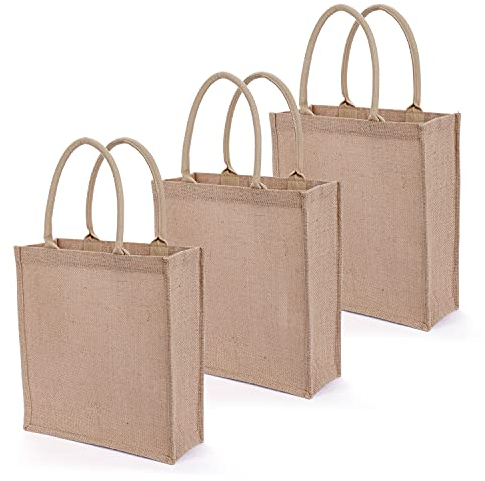 WPAJIRZO 3x Jutetasche Groß, Jute Shopper Tasche, Einkaufstasche aus echt Jute 12L Geschenktasche Jutebeutel Strandtasche Einkaufsshopper Geschenke für Frauen Mutter - 35x31x12 cm