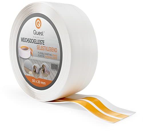 Quest Weichsockelleiste Selbstklebend - 50 mm x 20 mm - Sockelleiste PVC, Flexible Abschlussleiste, Knickleiste für Küche, Badezimmer, Wand, Boden - Dekorativ, UV-Beständig - 25 Meter, Weiß