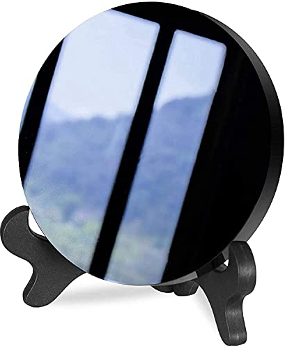 JIEXUAN Schwarzer Obsidian-Spiegel, schwarzer Obsidian, Kreisscheibe, Feng Shui-Spiegel mit Ständer, Heimschreibtischdekoration, Basteln (15 cm)