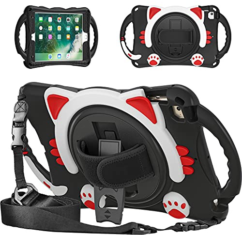 Shockproof Kids Case for iPad Mini 5/4/3/2/1,Cute Cat Dropproof Protective Cover for iPad Mini 5 2019/ Mini 4, Mini 1 2 3 W 360° Rotating Kickstand+Handle+Shoulder Strap