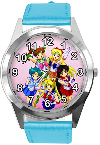 TAPORT Blaue Leder Runde Uhr für Manga Fans, blau, Gurt