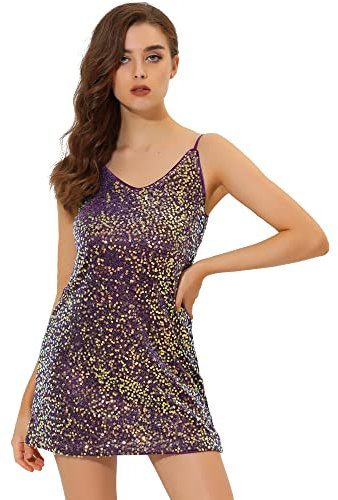 Allegra K Mini robes à paillettes scintillantes à bretelles réglables pour femme, violet intense, 40