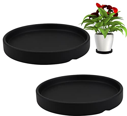 LNQ LUNIQI Runde Keramik-Untersetzer, Tropfschale, 2 Stück, für den Innenbereich, kleine Blumentöpfe, Zuhause, Garten, Outdoor, Blumentopf, Schwarze Untersetzer