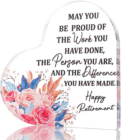 Regalos de jubilación para mujeres, placa de jubilación acrílica en forma de corazón, recuerdo y pisapapeles, regalos inspiradores de feliz despedida para profesor jubilado amigo