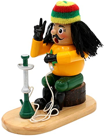 Wichtelstube-Kollektion XXL Holz Räuchermännchen Rastaman Peace mit Wasserpfeife, originalgetreu lustige Premium Kiffer Räucherfigur 8 x 15 x 18 cm