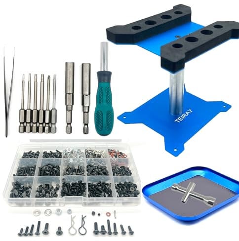 TEIRAY Kit d'outils de réparation de voiture RC - Rotation à 360 degrés - Kit de 600 vis et kit de vis et de palettes et tournevis RC pour 1/8 1/10 1/12 1/16 1/18 RC Car Truck Crawler (bleu)
