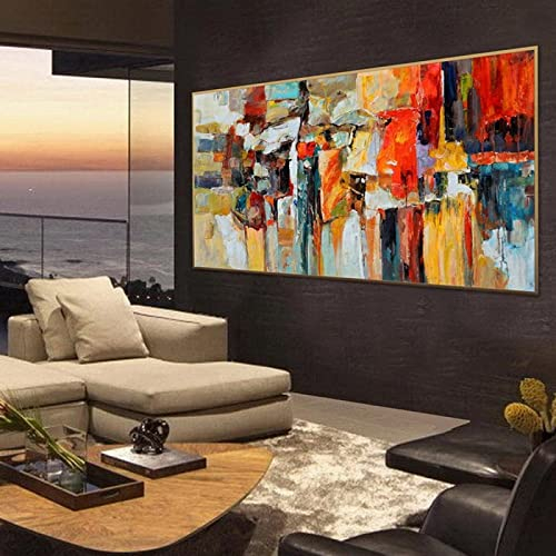Extra große Textur Abstrakt Panorama Stadt Skyline Leinwand Gemälde Wandkunst Gemälde Schwarz Gold Kunstwerk Wohnzimmer Dekor 100x203cm/39x79inch Mit Goldrahmen