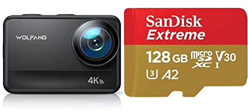 WOLFANG GA400 Action Cam 4K 60FPS Unterwasserkamera WiFi 8M Wasserdicht ohne Gehäuse 3.0 EIS Bildstabilisator Touchscreen Helmkamera & SanDisk Extreme microSDXC UHS-I Speicherkarte 128 GB + Adapter