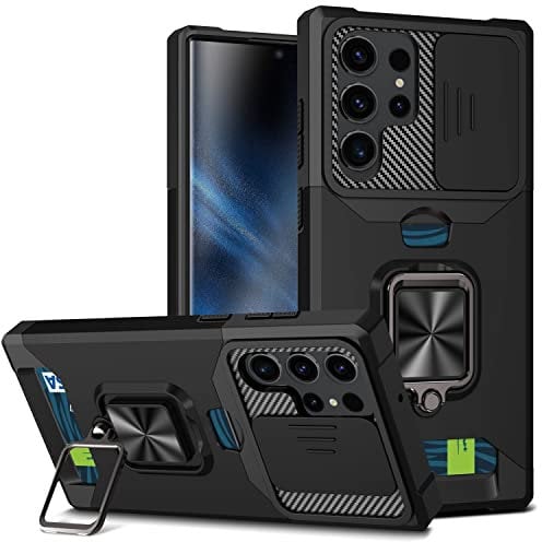 JOMA-E Shop for Samsung S23 Ultra 5G Case with Screen Protector, Sliding Camera Cover and Card Holder, Ring Kickstand Military Shockproof Full Body Protective Shell for Galaxy S23 Ultra (Black)