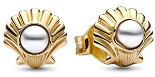 PANDORA Disney Arielle die Meerjungfrau Muschel Ohrringe mit 14 Karat vergoldeter Metalllegierung mit Kunstperle aus der PANDORA x Disney Collection, 262686C01
