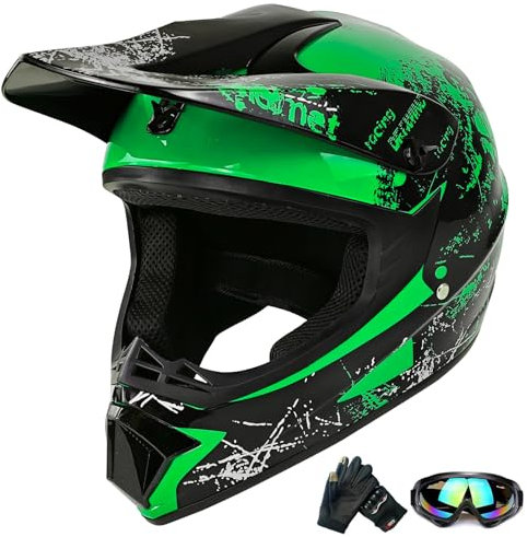 Jugend-Offroad-Motocrosshelme,Fahrradhelme für Jungen und Mädchen,Personalisierter Motorradhelme,CE Standards (Green, L)