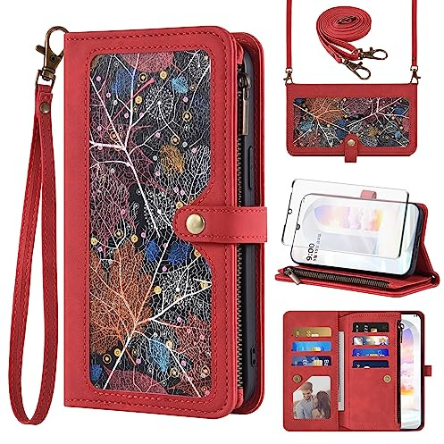 Asuwish Handyhülle für LG Velvet 5G/4G Hülle mit Band Folie Schutzfolie Kartenfach Klappbar Leder Geldbörse Ständer LMG910EMW LM-G910EMW Handy Hüllen Schutzhülle Schutzglas Teenager Phone Case Rot