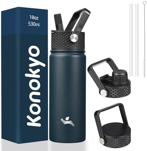 Konokyo Bottiglia d'acqua isolata con cannuccia, 510 g, 3 coperchi in metallo, bottiglia d'acqua in acciaio inox, blu navy