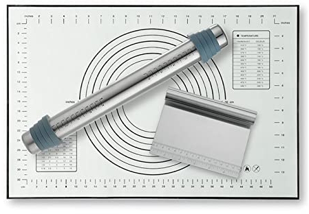 Rolling Pin with Adjustable Thickness Rings, Rolling Pin and Silicone Baking Mat Set, Stainless Steel Dough Roller with Dough Scraper for Baking Fondant, Pastry, Cookies, Pizza, Pasta