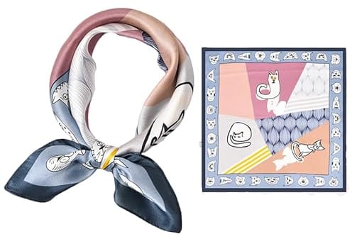 GIMIRO Schal aus imitierter Seide [53 x 53cm] Quadratische Schals Seidenschal Katzen-Muster Geometrisches Design in Blau-Rosa Navy-Bordüre Bund (Blue-Versatile Cat)