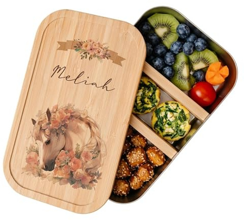 Manufaktur Liebevoll - Personalisierte Brotdose Pferd Pony m. Fächern, Edelstahl Lunchbox I Bambus Deckel u. Trenner, Brotbüchse | Kinder, Mädchen (Motiv Meliah, Edelstahl | Größe S)