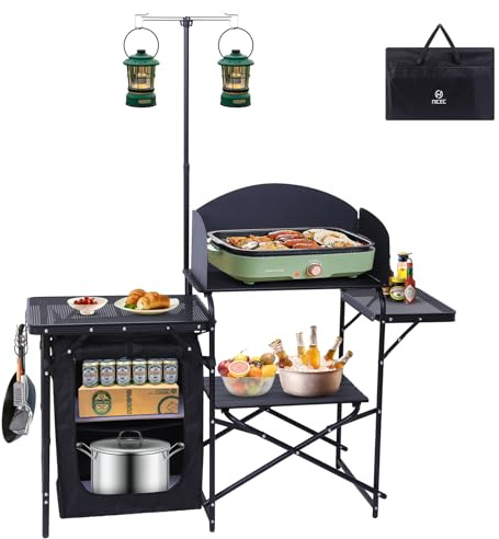 Nice C Camping Kitchen Station, Camping Table, Picnic Table, Portable Grill Table, Folding Cook Table, Upgrade Light Stand and Windshield Station & Organizers, Carry Bag for Beach, Picnic (Black)