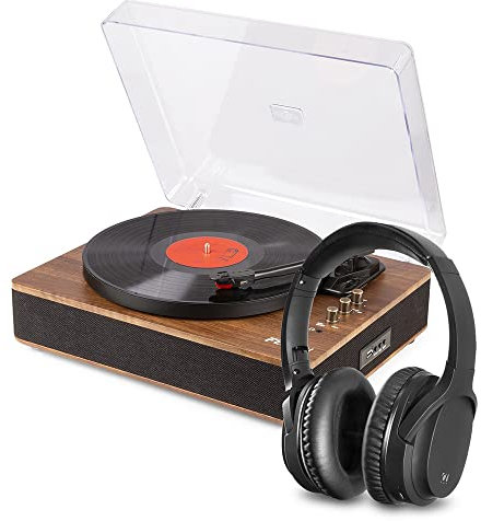 Fenton RP162 Bluetooth Record Player with Wireless Headphones, 3-Speed Vinyl Turntable & Audizio ANC110 Active Noise-Cancelling Bluetooth Headset, USB MP3, Darkwood Finish