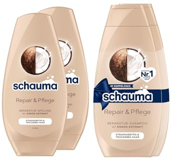 Schauma Shampoo Repair & Pflege 2er Pack (1x 2x400 ml) sorgt für Geschmeidigkeit, Reparatur-Shampoo für strapaziertes & trockenes Haar & Spülung (2x 250 ml) Haarspülung mit Kokos-Extrakt