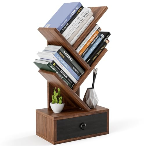 HOMASIS Bücherregal in Baumform, kleines Standregal mit Schublade & 4 Ablageflächen, modernes Holzregal für Bücher, CDs, DVDs, Ablageregal für Arbeitszimmer, Büro, 30 x 17,5 x 60 cm (Braun)