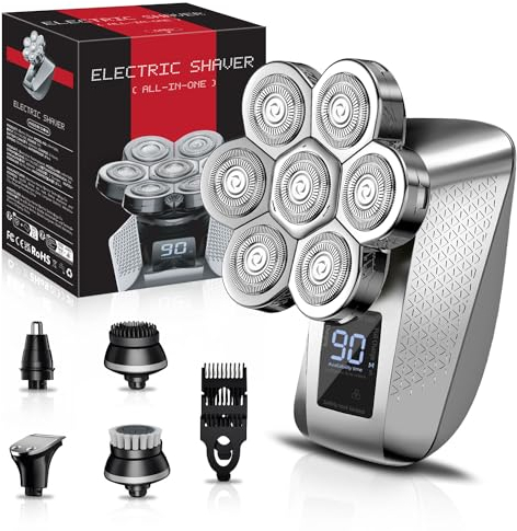 elestyle 5 in 1 Glatzen Rasierer Herren, IPX6 Wasserdichter Rasierer Herren elektrisch, Nass und Trocken Kopfrasierer fur Glatze mit LED und mit 7 Rotierende Scherköpfe, Bart Trimmer Pflege Kit
