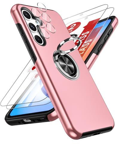 LeYi Coque pour Samsung Galaxy A35 avec 2 Verre Trempé Vitre Protection, 2 Protection Camera et Anneau Telephone Invisible, Militaire PC et TPU Silicone Etui Antichoc Housse pour Samsung A 35 - Rose