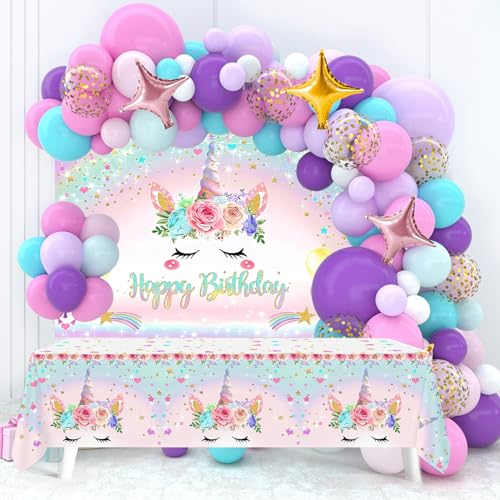 Unicorno Palloncini Compleanno - 118pcs Rosa Decorazioni, Tovaglia, Addobbi per Bambina 1 Anno